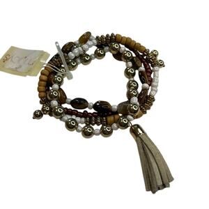 Macy’s Beaded Stretch Bracelets, Ivory, Brown, & Gold Beads w/ Tassel Accent NWT